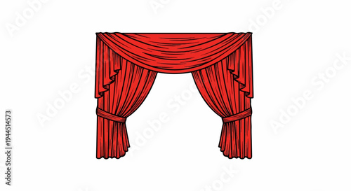 Red theatrical curtains with elaborate draping and tie-backs