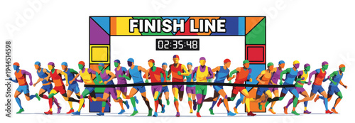 Ultra wide panoramic banner of marathon runners crossing the finish line. Vibrant geometric crowd of athletes in a race. Flat design vector illustration isolated on transparent background