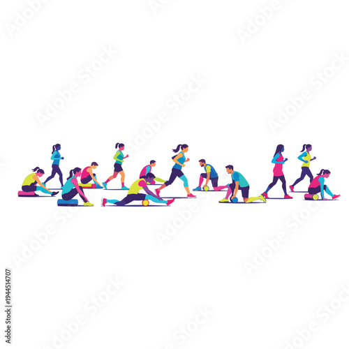 Ultra wide panoramic banner of runners with foam rollers. Vibrant geometric silhouettes of athletes stretching and recovering. Flat design vector illustration isolated on transparent background