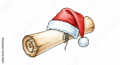 A weathered scroll adorned with a festive Santa hat, tied with twine