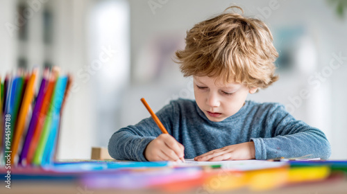 Wallpaper Mural Curly hair boy drawing child concentration colorful pencil creative activity homework art learning education home interior natural light Curly hair boy drawing table, child concentration with Torontodigital.ca