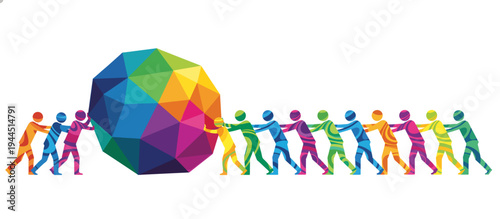 Business team pushing a heavy polygonal rock. Colorful geometric vector illustration of teamwork and challenge concept. Isolated on transparent background