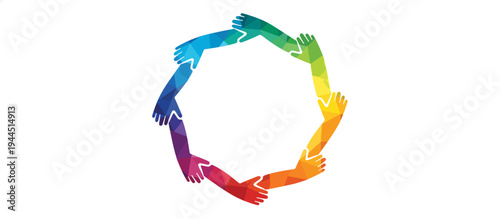 Colorful hands linking arms to form a circle. Teamwork and unity concept. Geometric low poly vector illustration