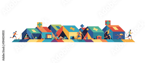 Medical tent at a marathon event. Flat design geometric vector illustration