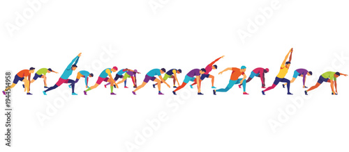 Group of people stretching and warming up before a race. Colorful flat design fitness vector illustration. Isolated on transparent background