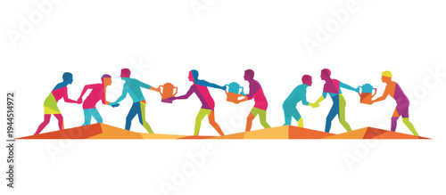 People passing water jugs in a desert. Teamwork and humanitarian aid concept. Flat design vector illustration isolated on transparent background