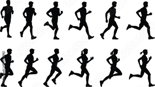 Running athletes silhouette collection, male and female runners jogging vector set, marathon training motion poses, fitness sport illustration