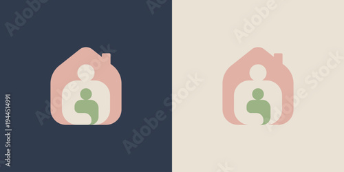 child and adult parent in house icon logo symbol, concept of secure space save home, care support in mental health for family