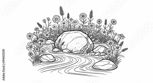 Black and white drawing of a stream flowing past rocks and wildflowers