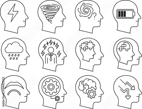 line art human heads with various thoughts and emotions