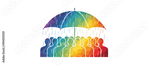 Community protection and support concept. Group of people under a large rainbow umbrella in the rain. Low poly geometric vector illustration isolated on transparent background