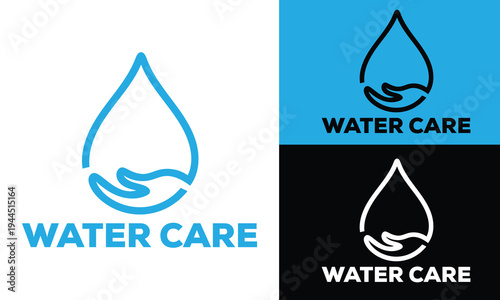 Water drop logo with hand inside, representing water care and conservation, clean and pure liquid symbol.