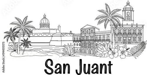 Black and white line drawing of a tropical city skyline with palm trees and flowers