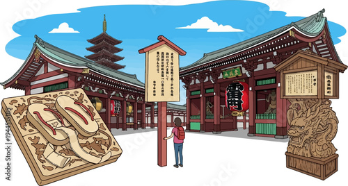 Traditional Japanese temple grounds with pagoda, lanterns, and sandals