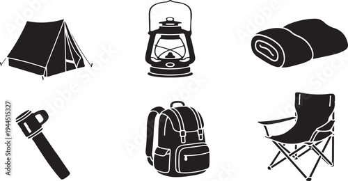 Black and white camping including tent lantern sleeping bag axe backpack chair