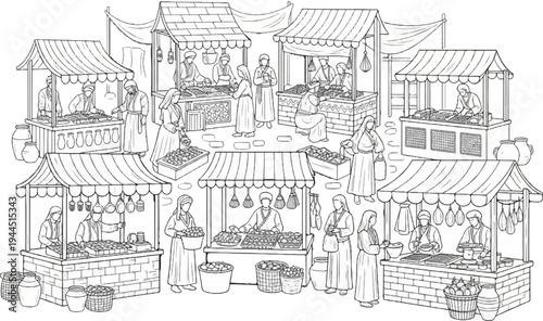 Busy marketplace with numerous stalls and people engaged in commerce