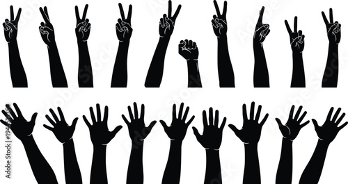 Hand gesture silhouettes collection showing peace sign, raised fist and open hands, human arm symbols vector illustration isolated on white background