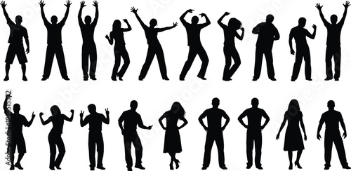 Black and white silhouette illustration of twenty people in dynamic dancing poses, arranged in two rows, showcasing energetic movement, party, celebration, vector.