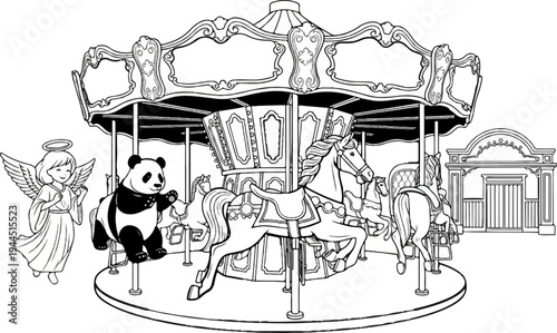 A whimsical carousel scene featuring a panda, an angel, and horses in a park setting