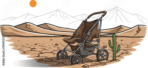 Abandoned stroller sits in a desolate desert landscape under a bright sun