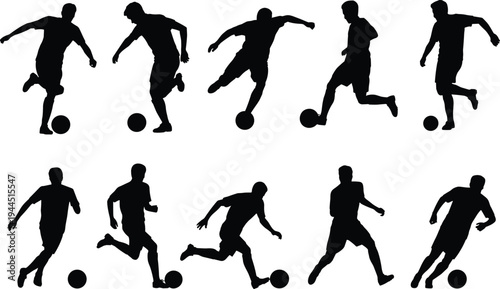 Soccer players dribbling ball silhouette collection, football athletes running action poses vector, sport training movement illustration set