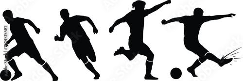 soccer player silhouettes, football players action poses, soccer dribbling kicking illustration, sports athlete silhouettes, football game movement collection, soccer sport action