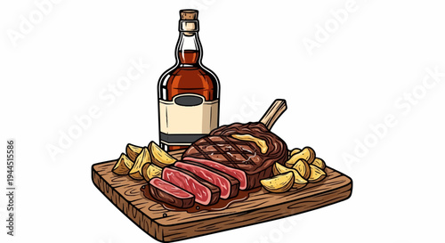 Savory sliced steak with golden wedges and a glass bottle