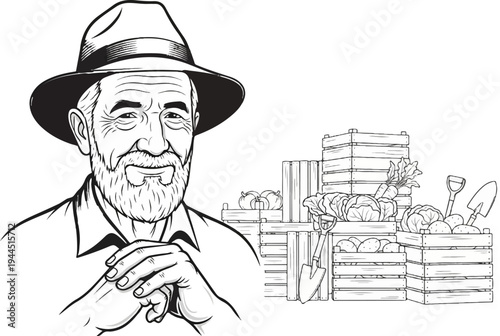 An elderly farmer with a hat smiles next to a bounty of fresh produce