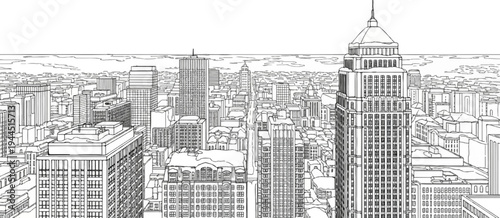 Detailed line drawing depicts a vast cityscape with numerous tall buildings and distant clouds