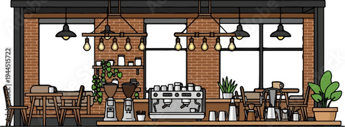 Rustic coffee shop interior with exposed brick, plants, and brewing equipment