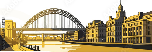 Sunlit city skyline with a large arched bridge over a river