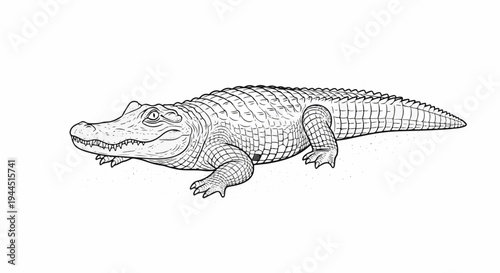 Black and white drawing of an alligator resting on sandy ground