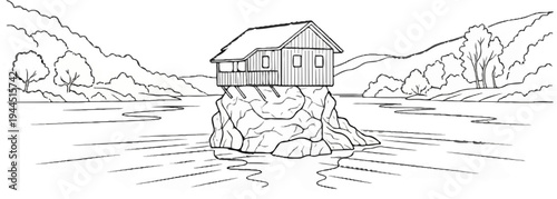 Rustic cabin perched precariously on a rocky island in a calm body of water