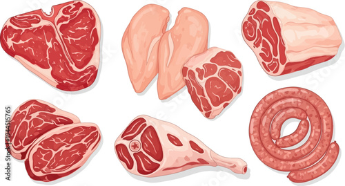 Assortment of raw meats, including steaks, chicken breasts, a large roast, lamb shank, and sausage