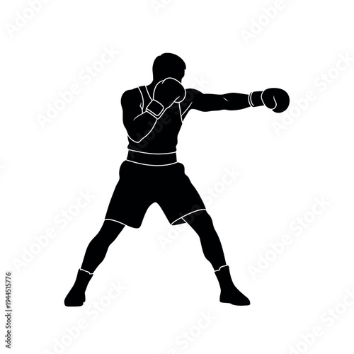 A detailed black silhouette illustration of a male boxer in a dynamic, forward-facing boxing stance