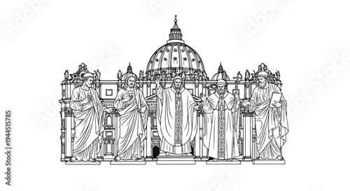 Stylized line drawing of religious figures with iconic dome structure