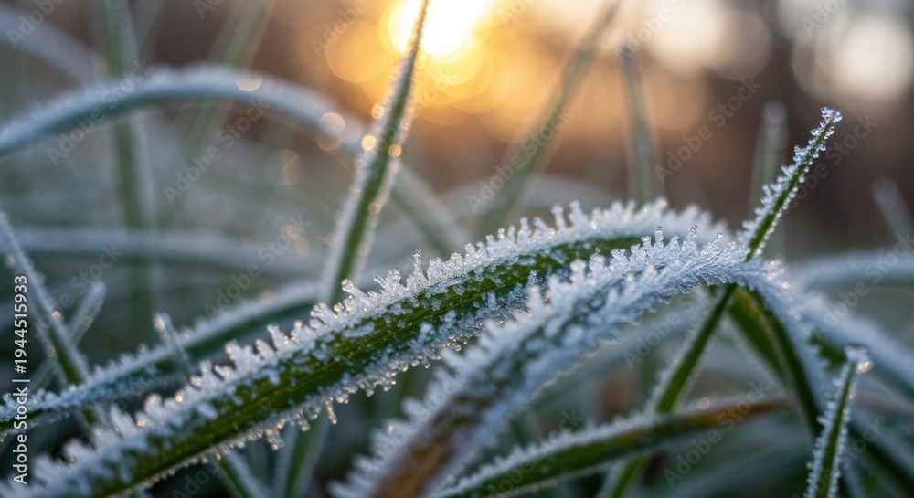 Fototapeta premium Delicate ice crystals frost the blades of grass illuminated by morning sunlight