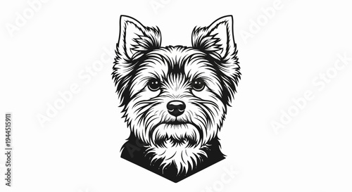 Black and white graphic illustration of a small dog's face