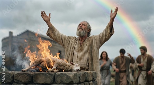 Old man Noah praying with hands raised above sacrificial fire altar. Biblical scene after great flood with rainbow and ark. Religious christian concept for spiritual belief.