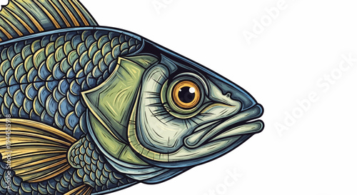 Stylized depiction of a fish head with detailed scales and fins in blues, greens, and yellows