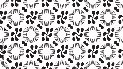 Black and white seamless geometric pattern with circles and teardrop shapes on white background