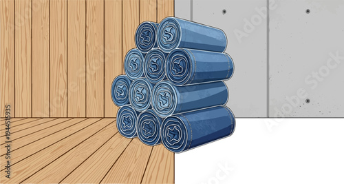 Stack of rolled denim fabric against a concrete wall and wooden floor background