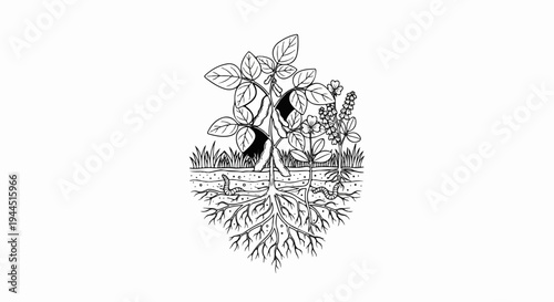 Black and white illustration of plant growth and root system with insects