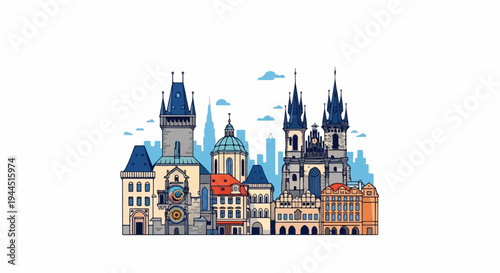 Stylized cartoon cityscape with gothic spires and clock tower