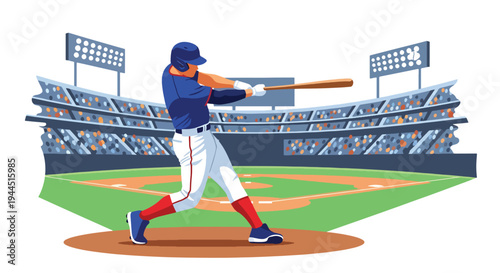 Modern vector illustration of baseball player swinging bat during competitive game in stadium, dynamic sports action concept with clean flat design