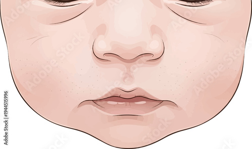 Close-up illustration of a human face with fair skin, depicting nose, lips, and eyes