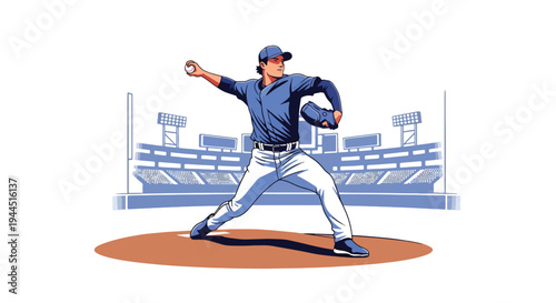 Modern vector illustration of baseball pitcher throwing fastball on professional field, dynamic sports performance and competitive game moment
