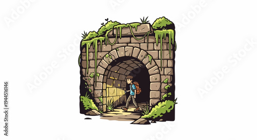 Person with backpack explores an ancient, overgrown stone tunnel with a light