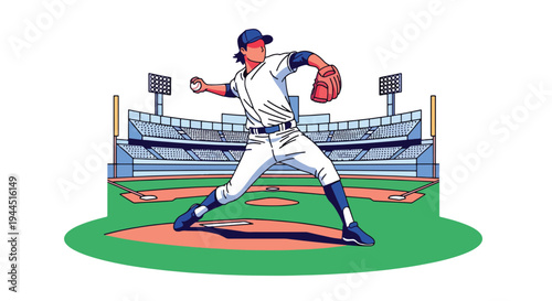 Modern vector illustration of baseball pitcher throwing fastball on professional field, dynamic sports performance and competitive game moment