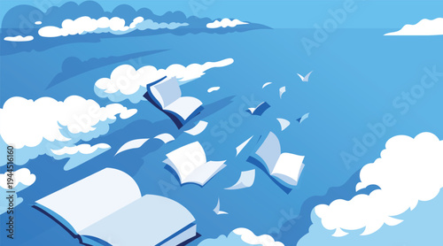 Open Book with Flying Pages and Clouds Dreamy Reading and Knowledge Background